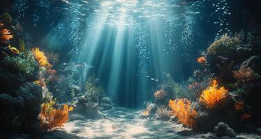 Sunlight filtering through clear water over vibrant coral reef during a calm day photo