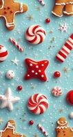 Colorful assortment of festive sweets and cookies on a bright blue background photo