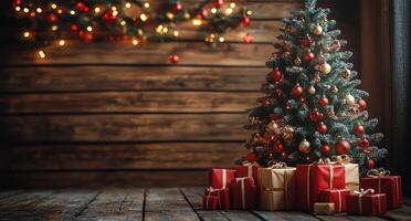 Festively decorated Christmas tree with presents under the branches in a rustic wooden setting photo