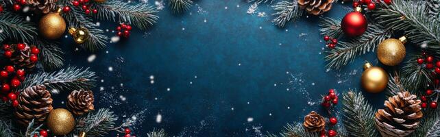 Festive winter decoration with pine branches, ornaments, and falling snow on a blue background photo