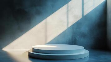 Minimalist round platform illuminated by sunlight in a warm-toned room during the afternoon photo