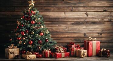 Festively decorated Christmas tree with presents under the branches in a rustic wooden setting photo