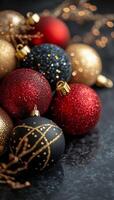 Vibrant assortment of festive Christmas ornaments in red, gold, and black on a dark background photo