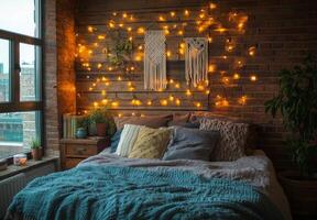 Cozy bedroom with a wooden accent wall, fairy lights, and a comfortable bed in soft colors photo