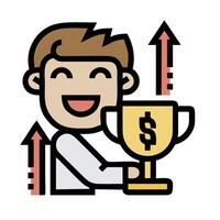 A cartoon man holding a trophy with an arrow pointing up vector