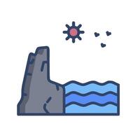 A rock with waves and a sun in the background vector