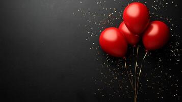 A bright red balloon surrounded by shimmering confetti on a dark background for celebration photo