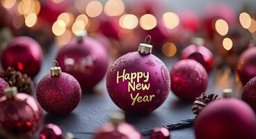 Festive New Year ornaments shining brightly against a blurred holiday backdrop photo