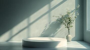 Minimalist round platform illuminated by sunlight in a warm-toned room during the afternoon photo