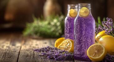 Refreshing lavender lemonade served in bottles with fresh lemons and lavender sprigs outdoors photo