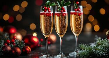 Elegant Christmas champagne with berries and holly in glasses on festive table setting photo