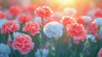 Colorful carnations blooming in a garden during sunset in vibrant hues of pink and white photo