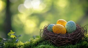 Three speckled eggs nestled in a natural bird's nest on a bed of moss during a sunny afternoon photo