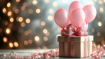 A beautifully wrapped gift box with pink balloons on a festive table setting during a celebration photo