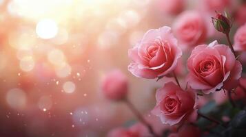 Delicate pink rose blooming amidst vibrant green foliage in soft sunlight photo