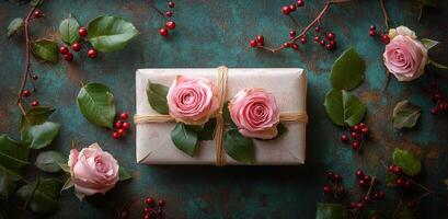 A beautifully wrapped gift adorned with pink roses and greenery on a textured surface photo