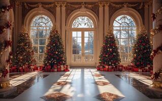 Elegant winter holiday decor in an ornate room with decorated Christmas trees and snowy views photo
