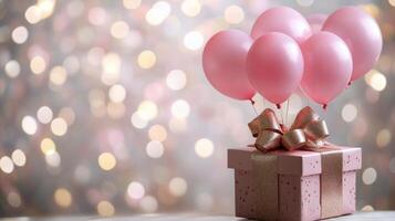 A beautifully wrapped gift box with pink balloons on a festive table setting during a celebration photo