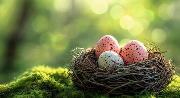 Three speckled eggs nestled in a natural bird's nest on a bed of moss during a sunny afternoon photo