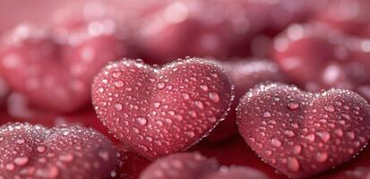 Delicate pink hearts adorned with droplets resting on a wet surface in soft light photo