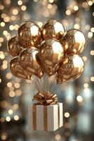 Elegant golden balloons rising above a beautifully wrapped gift against a sparkling background photo