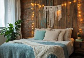 Cozy bedroom with a wooden accent wall, fairy lights, and a comfortable bed in soft colors photo