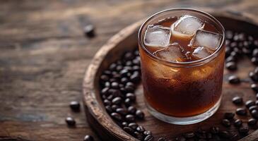 Refreshing iced coffee served in a glass with ice on a rustic wooden table photo
