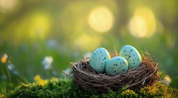 Three speckled eggs nestled in a natural bird's nest on a bed of moss during a sunny afternoon photo
