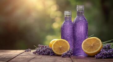 Refreshing lavender lemonade served in bottles with fresh lemons and lavender sprigs outdoors photo