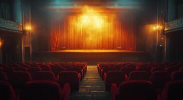 A vintage theater interior with vibrant red seats and lit stage curtains in the evening photo