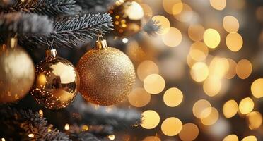Golden ornaments hang gracefully on a Christmas tree adorned with twinkling lights photo