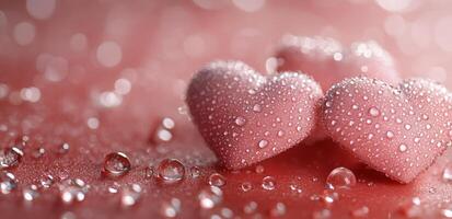 Delicate pink hearts adorned with droplets resting on a wet surface in soft light photo