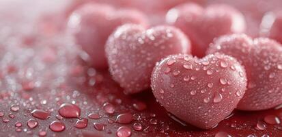 Delicate pink hearts adorned with droplets resting on a wet surface in soft light photo