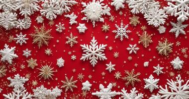 Festive decorations featuring golden and white snowflakes on a vibrant red background photo
