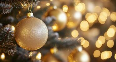 Golden ornaments hang gracefully on a Christmas tree adorned with twinkling lights photo