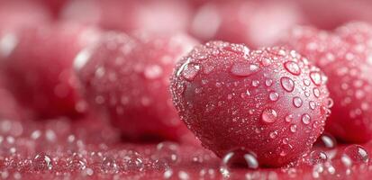 Delicate pink hearts adorned with droplets resting on a wet surface in soft light photo