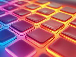 Close-up of a colorful illuminated keyboard with vibrant keys in an urban workspace at night photo
