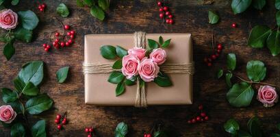 A beautifully wrapped gift adorned with pink roses and greenery on a textured surface photo