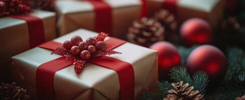 Festively wrapped gifts with red accents and pinecones on a wooden surface for the holidays photo