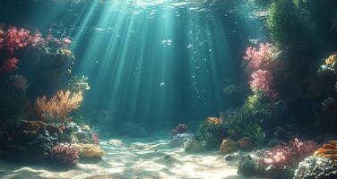 Sunlight filtering through clear water over vibrant coral reef during a calm day photo