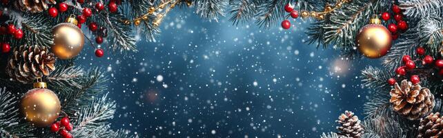 Festive winter decoration with pine branches, ornaments, and falling snow on a blue background photo
