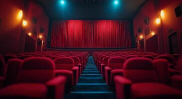A vintage theater interior with vibrant red seats and lit stage curtains in the evening photo