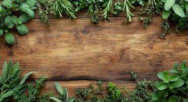 Fresh herbs arranged on a wooden table create a vibrant kitchen atmosphere photo