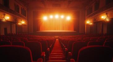 A vintage theater interior with vibrant red seats and lit stage curtains in the evening photo