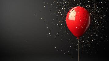 A bright red balloon surrounded by shimmering confetti on a dark background for celebration photo