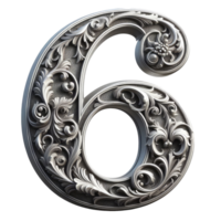 The number six is made of silver and has a swirl pattern png