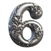 The number 6 is made of silver and has a swirl design png