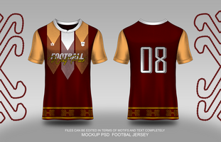 mockup of maroon and yellow jersey with pointed corner ornaments with a little sasirangan motif psd