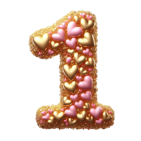 The number one is made of gold and pink hearts png