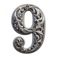 The number 9 is made of silver and has a swirl pattern png